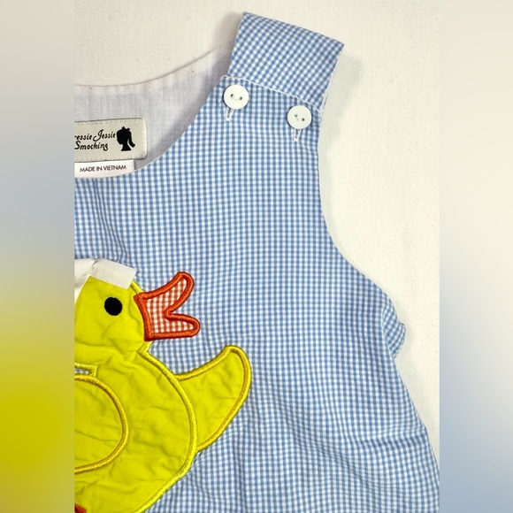 DRESSIE JESSIE SMOCKING Girls Duck Appliqué Gingham Dress Ruffle 3 Easter Spring - Picture 3 of 9